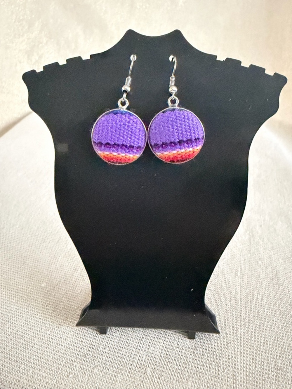 Purple and Red Round Fabric Drop Earrings